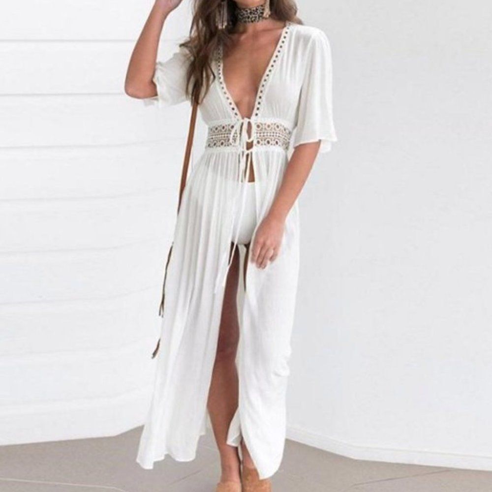 Cute Options Women's White 100% Rayon Lace Kaftan Beach Cover Up Dress S… - Picture 3 of 9